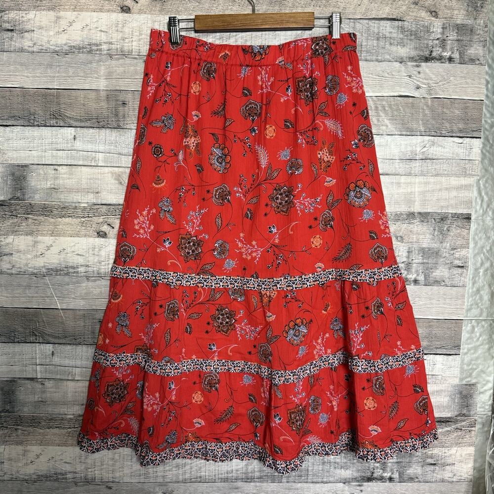 J Jill Red Floral Tiered Boho Maxi Skirt Size Small 100% Cotton